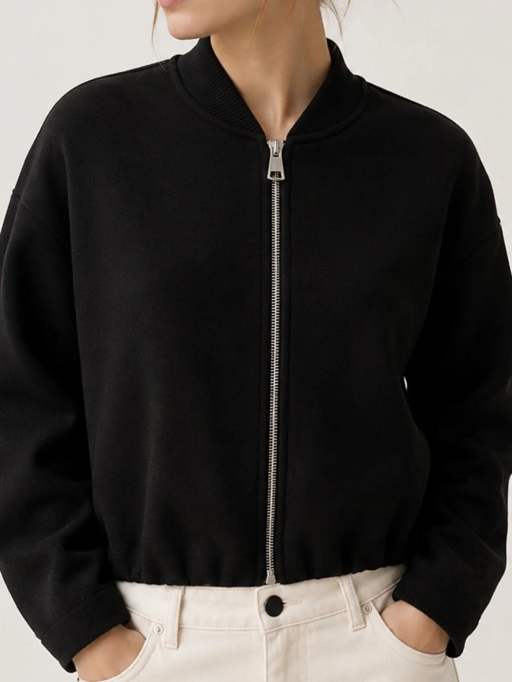Zara Black Minimalist Bomber Jacket Cropped Zip Up Size M